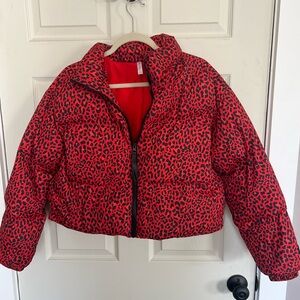 Fabletics Red Leopard Print Cropped Puffer Jacket - Size XS